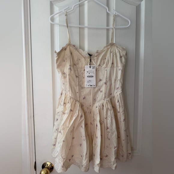 New with Tags Zara Cream Floral Lace Bow Dress with Pockets Size M Cotton Blend - Picture 7 of 8